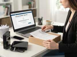 Femme préparant le retour de sa box internet après avoir confirmé la résiliation de son contrat sur un ordinateur.