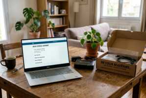 Espace client sur écran d'ordinateur portable avec box internet et carton de retour de matériel sur une table.