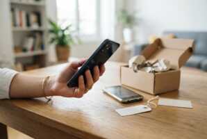 Main tenant un smartphone près d'un second appareil et d'un carton d'expédition sur une table.