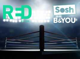 Ring de boxe avec logo de RED by SFR à gauche, et logos de Sosh et B&YOU à droite, car 60Go à 9.99€ chez RED contre seulement 20Go chez les deux autre