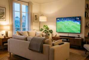 Salon avec canapé en lin, plaid, télécommande et match de football diffusé à la télévision.
