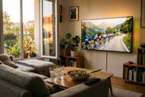 Salon avec canapé, verres d'eau, salade et télévision diffusant une course cycliste en soirée.