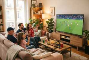 Un salon lumineux avec un match PSG-Monaco diffusé sur un téléviseur.