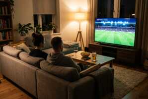 Salon en soirée avec un canapé, deux verres, un bol de chips et une télévision diffusant un match de football.