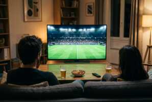 Salon en soirée avec un match de football diffusé sur une télévision, canapé avec verres et apéritif au premier plan.