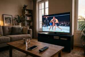 Salon contemporain avec téléviseur diffusant un combat de MMA, smartphone et télécommande posés sur une table.