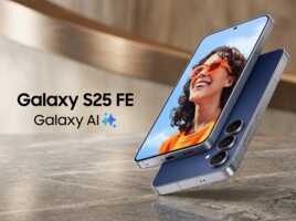 Deux smartphones Samsung Galaxy S25 FE affichant une photo sur fond de table en pierre.
