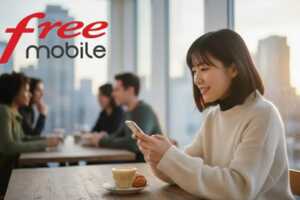 Femme à table regarde son smartphone en souriant, avec logo Free Mobile, contente de la Série Free avec 150Go de 5G pour 10.99€/mois