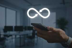 Symbole de l'infini au-dessus d'un smartphone, car super forfait 5G à data illimitée de NRJ Mobile à 17.49€