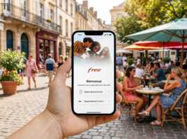 Main tenant un smartphone affichant l'application Free sur une terrasse de café en centre-ville.
