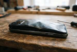 Smartphone avec le boîtier déformé et l'écran soulevé par une pression interne.