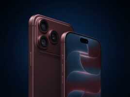 Deux smartphones de couleur bordeaux avec trois objectifs photo au dos, sur fond bleu sombre.