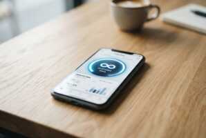 Smartphone posé sur une table en bois affichant une jauge de consommation de données mobile.
