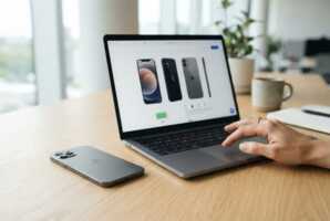 Smartphone reconditionné et ordinateur affichant ses vues sous plusieurs angles sur une table.