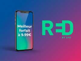 Smartphone et logo de RED by SFR et "Meilleur forfait à moins de 10€"