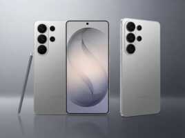 Trois vues d'un smartphone Samsung gris avec un stylet sur fond gris.