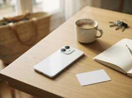 Smartphone blanc posé sur une table en bois avec une tasse de café, un carnet et une carte vierge.