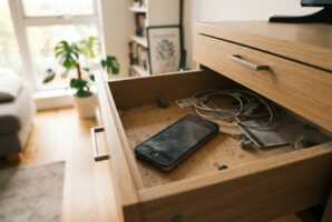 Un ancien smartphone posé dans un tiroir de meuble ouvert dans un salon éclairé.