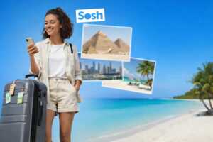 Femme avec valise et smartphone sur fond de plage et logo de Sosh, car nouvelles destinations ajoutées au forfait "Voyage"
