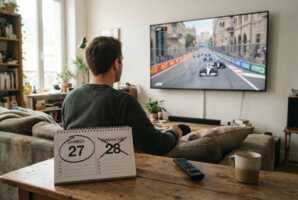 Un spectateur regarde une course de Formule 1 sur une télévision, avec un calendrier marquant un samedi au premier plan.