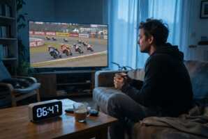 Un homme regarde une course de moto à la télévision dans un salon à l'aube, avec un réveil affichant 06h45 sur la table.