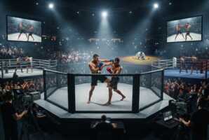 Combattants de MMA dans une cage octogonale entourés d'équipements de diffusion télévisée dans une arène sportive.