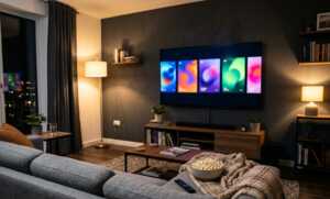 Salon contemporain en soirée, télévision affichant une grille floutée de cinq vignettes-affiches abstraites en dégradés colorés, canapé avec un plaid et un bol de pop-corn au premier plan.
