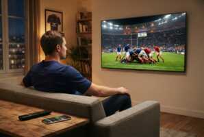 Supporter de rugby regardant un match sur un téléviseur dans un salon avec un smartphone sur la table basse.