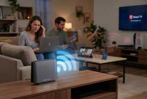Box internet dans un salon entourée d'appareils connectés avec des signaux Wi-Fi affaiblis.