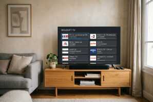 Téléviseur connecté sur un meuble avec une interface de sélection de chaînes TV affichée à l'écran.