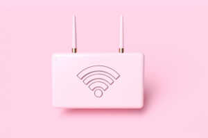 Modem avec logo Wi-Fi sur fond rose pour symboliser le meilleur Wi-Fi de France : Bouygues Telecom