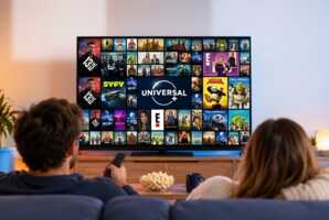 Deux personnes regardent une télévision affichant une mosaïque de programmes Universal+.