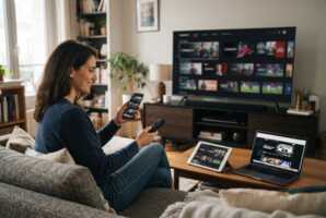 Personne utilisant un smartphone et une télécommande devant un téléviseur, une tablette et un ordinateur dans un salon.
