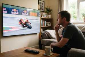 Personne regardant une course de MotoGP sur un téléviseur dans un salon avec une télécommande au premier plan.