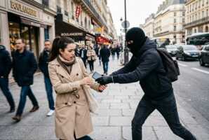 Une personne portant une cagoule arrache un smartphone des mains d'un passant dans la rue.