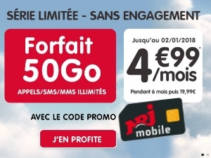 Forfait Série Limitée Woot 50Go à moins de 5€/mois chez NRJ Mobile jusqu'au 2 janvier 2018 !