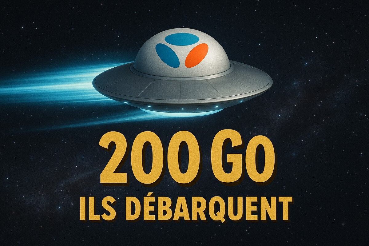 Soucoupe volante avec logo B&YOU et mention "200 Go : ils débarquent", car ce forfait n'est qu'à 6.99€ avec la Box Pure Fibre