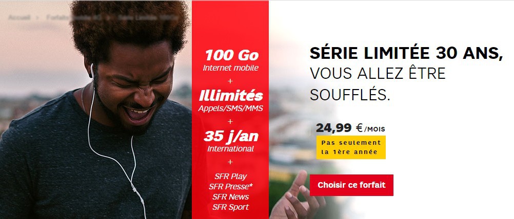 SFR lance un forfait mobile 100Go à 24.99€ pour ses 30 ans