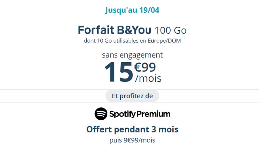 Forfait Bouygues : 100 Go à prix canon avec Spotify offert en avril