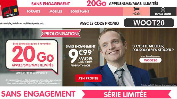 Prolongation du forfait NRJ Mobile 20Go à 9,99€ jusqu'au 3 novembre inclus