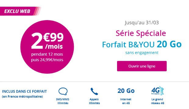 Bouygues : le forfait B&You 20 Go à 2,99€/mois prolongé jusqu'au 31 mars !