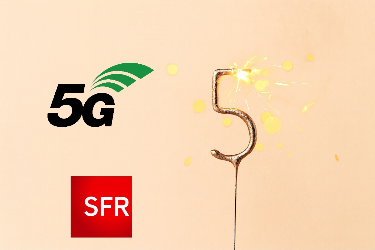 Femme sur fond rose avec gâteau et bougies et smartphone, fêtent l'anniversaire de 5 ans de 5G chez SFR