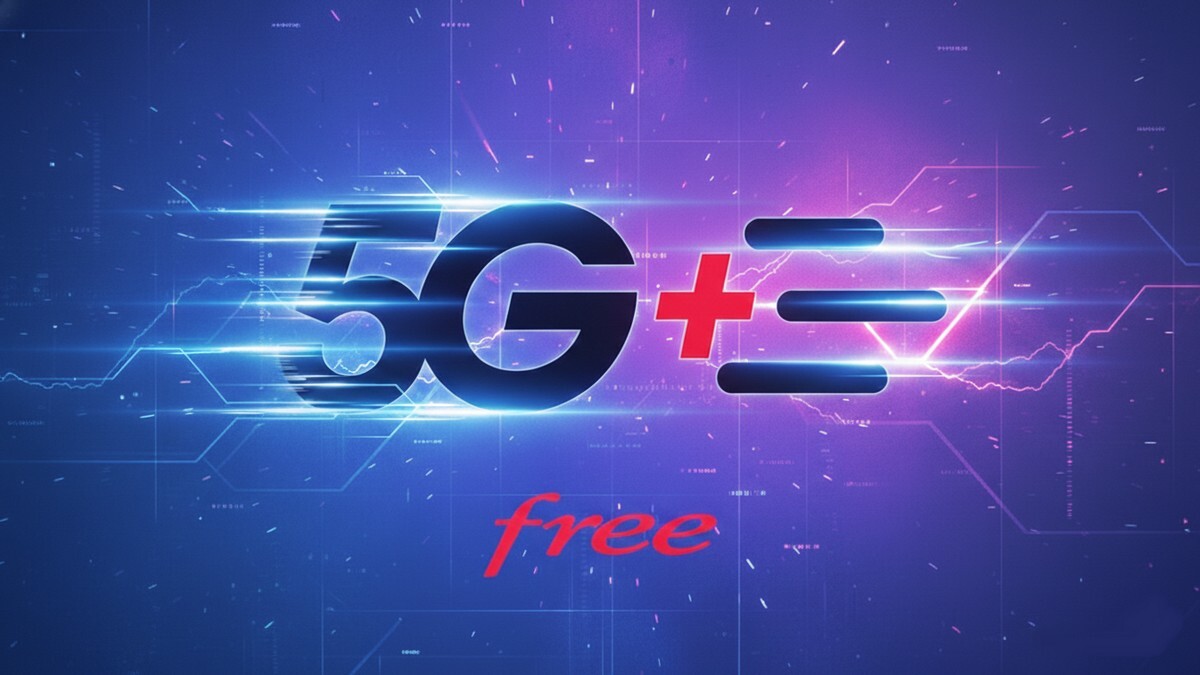 Logos 5G+ et Free en laser bleu et rose sur fond noir, car Free 5G+ illimité et moitié prix avec une Freebox