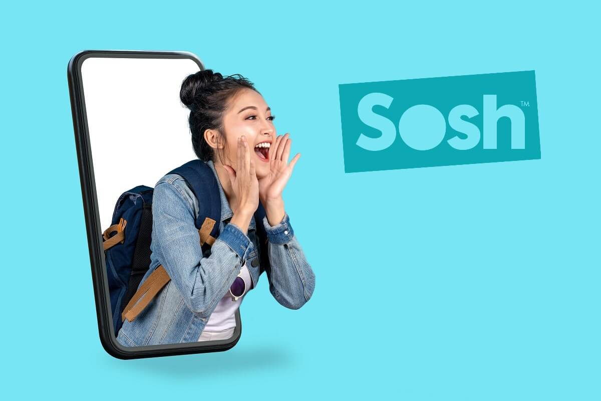 Femme sort d'un smartphone en criant, avec logo de Sosh en fond, car l'opérateur a revu sa gamme de forfaits mobile