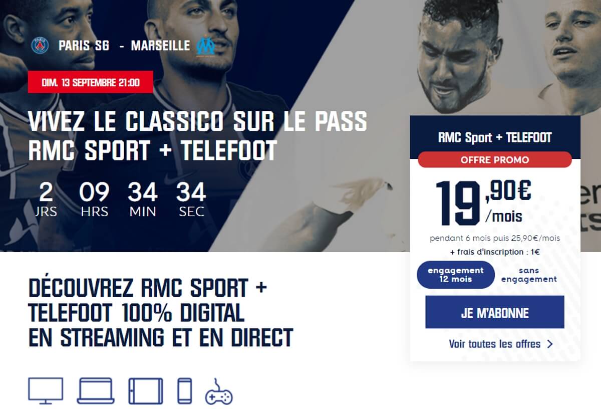 L'offre streaming Téléfoot + RMC Sport en promo à 19,90€/mois pour PSG-OM
