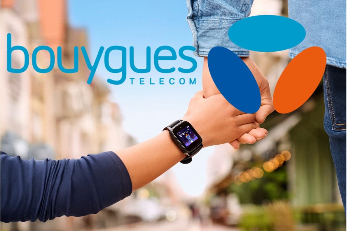Gros plan de dos montre un bras d'enfant avec montre connectée Kids Watch qui tient la main de son père, et logo de Bouygues Telecom