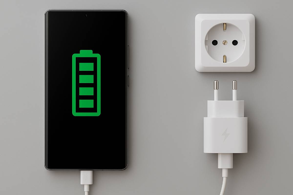 Smartphone avec indicateur de batterie au vert et prise murale, car le Bluetooth 6.1 va améliorer l'autonomie