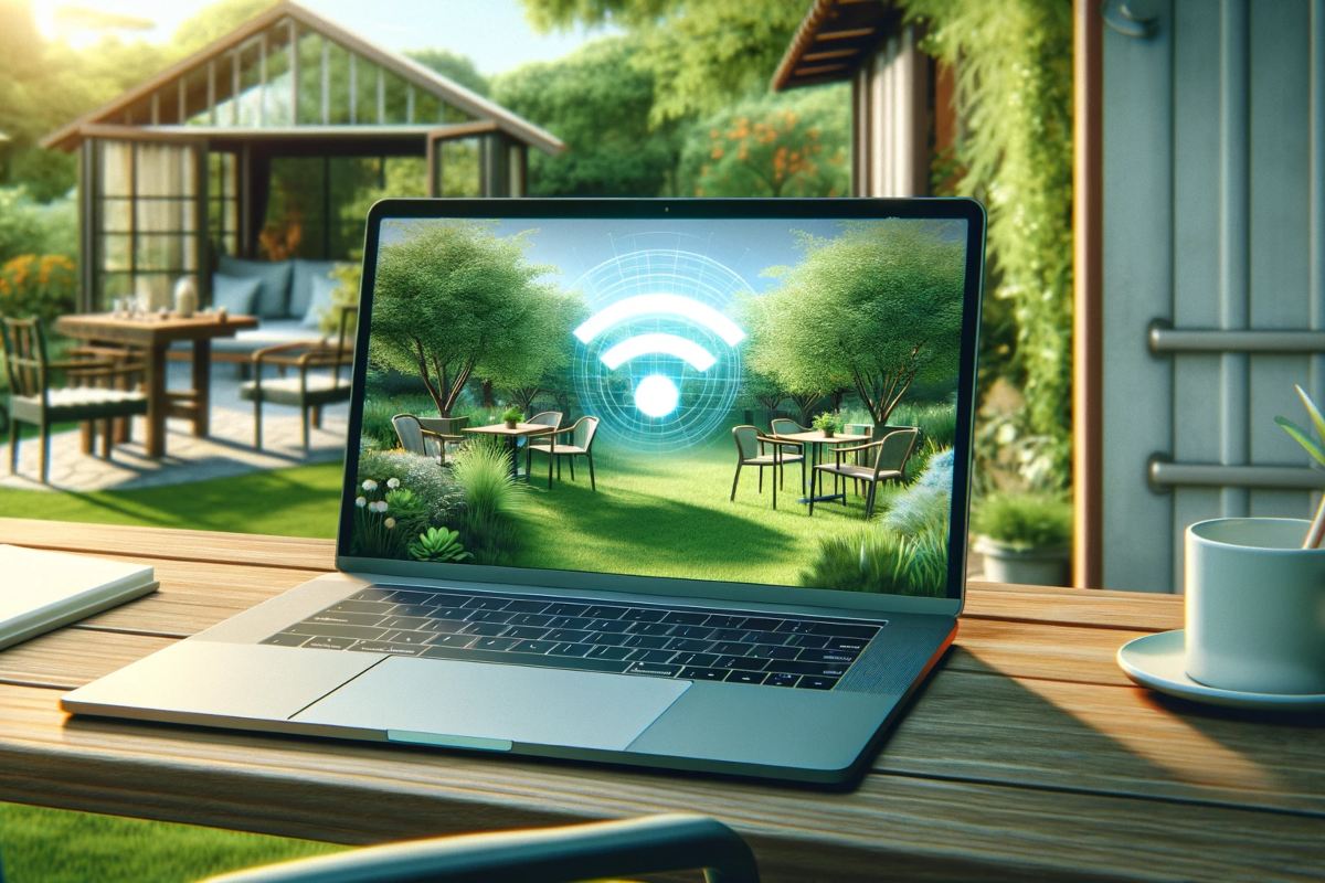 Laptop avec logo Wi-Fi sur bureau devant jardin, Wi-Fi en toute sérénité avec le service d'Orange