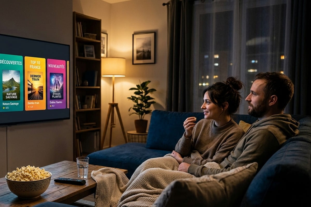 Salon en soirée avec télévision diffusant une grille de cinq vignettes-affiches en dégradés colorés, canapé et bol de pop-corn au premier plan