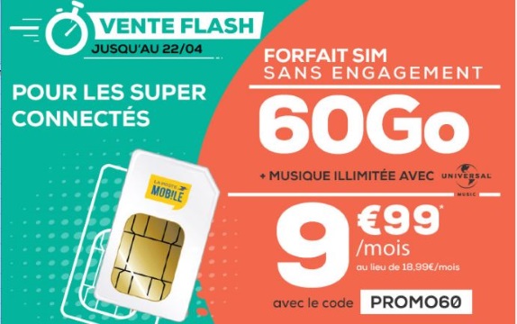 Forfait en promo : 60 Go à 9,99€ par mois en vente flash chez La Poste Mobile
